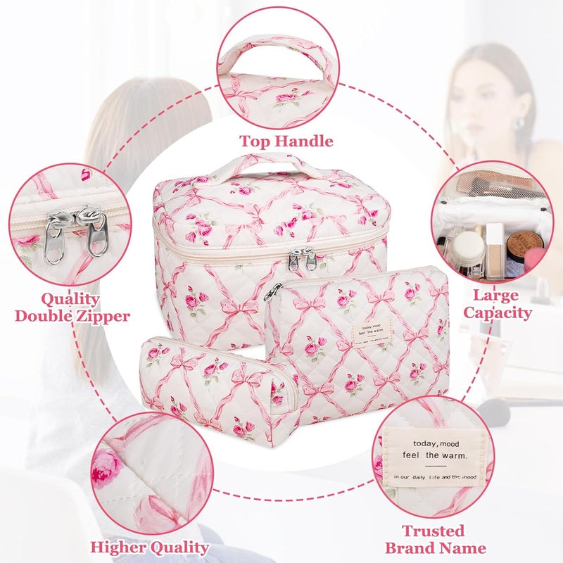 Gosect 3PC Makeup Bag Set, Quilted Makeup Bag, Large Floral Cosmetic Bag for Women, Cute Cotton Makeup Bags, Flower Travel Toiletry Organizer Bag (Pink Flower) - Image 3